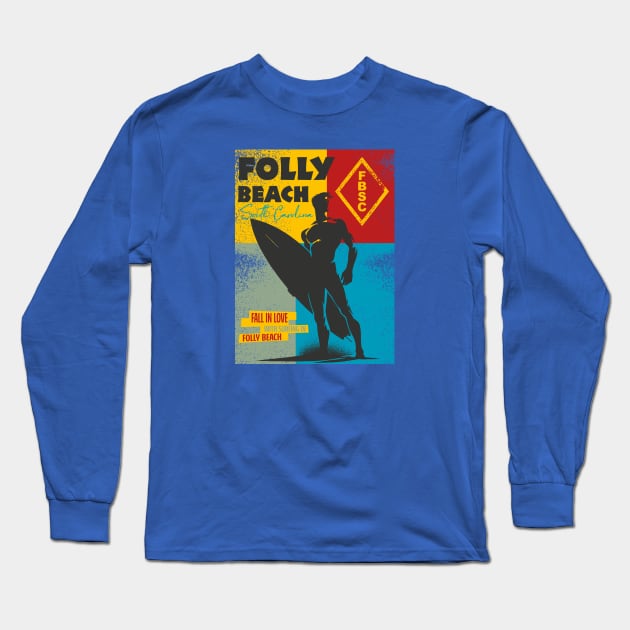 Folly Beach  South Carolina Surfer Silhouette Distressed Long Sleeve T-Shirt by Alexander Luminova